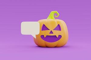 felice halloween con personaggio zucca jack-o-lantern su sfondo viola, tradizionale vacanza di ottobre, rendering 3d. foto