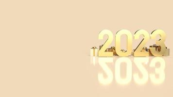 il numero d'oro 2023 e la confezione regalo per la celebrazione o il felice anno nuovo concetto di rendering 3d foto