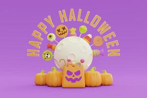 felice halloween con il personaggio delle zucche jack-o-lantern e caramelle colorate sotto la luna su sfondo viola, rendering 3d. foto