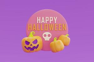 felice halloween con carattere di zucche jack-o-lantern su sfondo viola, tradizionale vacanza di ottobre, rendering 3d. foto