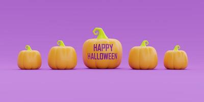 felice halloween con carattere di zucche jack-o-lantern su sfondo viola, tradizionale vacanza di ottobre, rendering 3d. foto