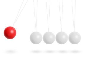 palla rossa in movimento e palle bianche stabili su sfondo bianco chiaro. concetto di scienza. rendering 3d foto