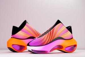 Illustrazione 3d di scarpe da ginnastica con stampa olografica sfumata brillante. concetto elegante di scarpe da ginnastica eleganti e alla moda foto