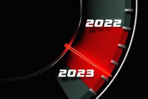 illustrazione 3d primo piano tachimetro nero con tagli 2022,2023. il concetto di capodanno e natale in campo automobilistico. contando i mesi, il tempo fino al nuovo anno foto