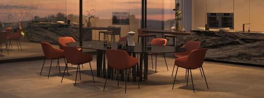 elegante cucina e sala da pranzo con luminoso cielo notturno. finestre con vista sul tramonto. illustrazione di rendering 3d appartamento interno. banner web. foto