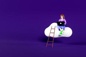 donna con laptop seduto su una nuvola vicino alle scale. illustrazione 3d concetto di business su sfondo blu. rendering 3d foto