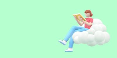 fan della letteratura una giovane ragazza nel cielo su una nuvola sta leggendo un libro. persone divertenti e astratte del fumetto su una priorità bassa verde. rendering 3D. foto