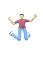 Personaggio di rendering 3D di un ragazzo asiatico che salta e balla tenendo le mani in alto. persone felici dei cartoni animati, studente, uomo d'affari. l'illustrazione positiva è isolata su uno sfondo bianco. foto