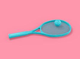 racchetta da tennis monocolore blu con una pallina su fondo rosa a tinta unita. oggetto di design minimalista. Elemento dell'interfaccia ui ux dell'icona di rendering 3d. foto