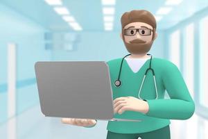 il medico dell'uomo bianco nell'interno medico dell'ospedale tiene un laptop. persona dei cartoni animati. rendering 3D. foto