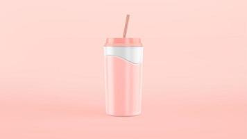 3d rendering tazza di carta frappè alla fragola rosa, latte. splash onda al rallentatore. artigianale, bicchiere di plastica con uno stile cartone animato di paglia. foto