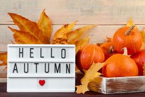 Ciao autunno. zucche mature e foglie gialle in scatola di legno. concetto di raccolto e ringraziamento. feste di halloween. foto