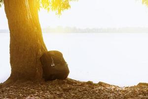 zaino contro un albero all'aperto foto