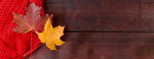 inizio autunno. maglione rosso lavorato a maglia e foglie gialle cadute su uno sfondo di legno scuro. foto