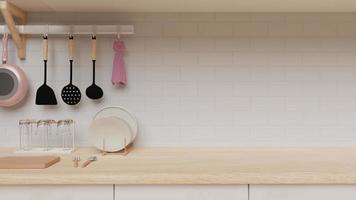 sfondo del bancone della cucina carino con piano in legno, muro di mattoni, padella rosa, vetro, piatto bianco. estetica accogliente. rendering 3d. foto
