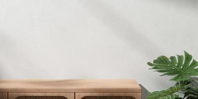 mockup contatore vuoto. tavolo minimale con armadio in legno pianta monstera e muro di cemento bianco pulito in pieno raggio di sole. foto