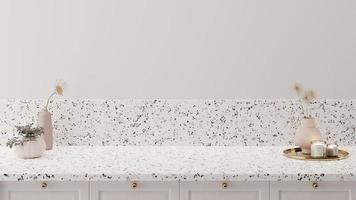 sfondo mockup contatore minimo in stile moderno con parete piastrellata in granito bianco e bancone rosa. interno della cucina. foto