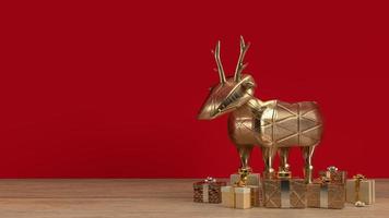 il cervo d'oro e la confezione regalo sulla tavola di legno per il rendering 3d del tempo di celebrazione. foto
