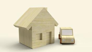 rendering 3d di casa giocattolo e auto in legno per contenuti aziendali. foto