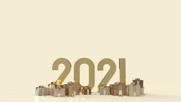 oro 2021 testo e confezione regalo per il rendering 3d del contenuto del nuovo anno. foto