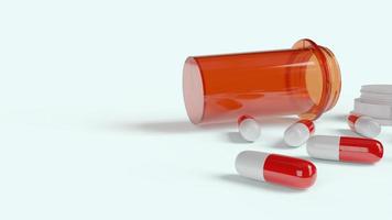 bottiglia di medicina e capsula bianca rossa rendering 3d per contenuto medico. foto