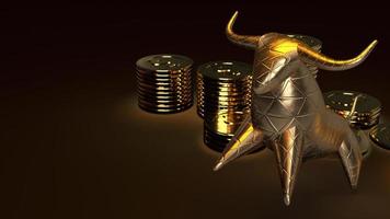 toro oro e monete d'oro rendering 3d in tono scuro per contenuti aziendali. foto