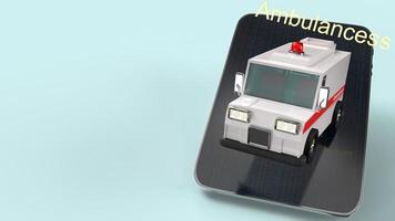 rendering 3d di auto ambulanza e tablet per applicazioni sanitarie. foto