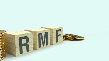 testo rmf su cubo di legno e monete Rendering 3d per contenuti aziendali. foto