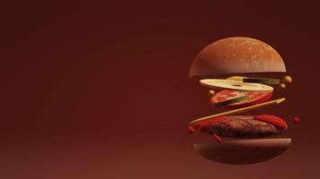 hamburger 3d su sfondo rosso per contenuto alimentare. foto