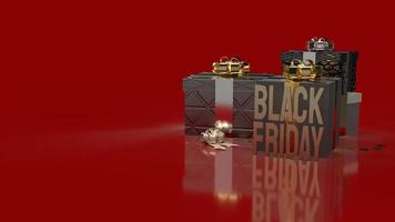 il testo in oro del venerdì nero e le scatole regalo su sfondo rosso per il rendering 3d di contenuti per lo shopping. foto