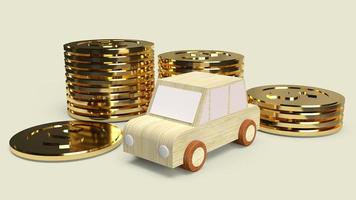 giocattolo in legno per auto e monete d'oro per il rendering 3d del contenuto dell'auto. foto