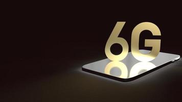 rendering 3d 6g testo superficie oro bagliore su smartphone in un'immagine scura per contenuto tecnologico mobile. foto