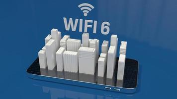 Edificio di rendering 3d sul telefono cellulare per il concetto di wifi 6. foto