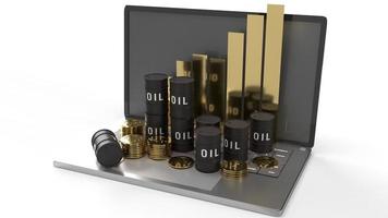 i ringraziamenti dell'olio e il grafico sul rendering 3d del laptop per il contenuto di petrolio. foto