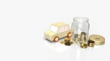 barattoli di vetro con monete e legno per auto per salvare il contenuto rendering 3d. foto