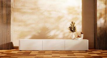 armadio in legno bianco in una moderna stanza vuota con vaso decorativo e parete vuota su sfondo di legno. tema in stile giapponese. architettura e concetto di interni. rendering di illustrazioni 3d foto