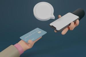 scambio di mano con carta di credito e smartphone per il pagamento online concept.transazione di pagamento online sicura con smartphone.acquisto online, società senza contanti.internet banking tramite carta di credito su mobile.3d rendering foto