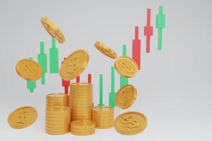 grafici di trading online per la finanza con soldi di monete volanti, mercati azionari di investimento, sfondo isolato grafico a candelabro, concetto pastello. Illustrazione di rendering 3d. foto