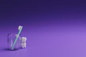 simpatico cartone animato 3d dente e spazzolino da denti in un rendering di vetro foto