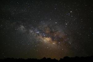 via lattea e silhouette di albero al parco nazionale di phu hin rong kla, phitsanulok thailandia, fotografia a lunga esposizione con grano foto