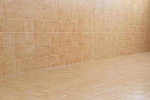 parete e pavimento piastrellati in pietra ornamentale lucida in un ampio bagno foto