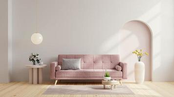soggiorno scandinavo con divano rosa su sfondo bianco vuoto. foto