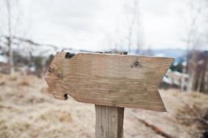 freccia del segno di legno nella foresta verde alla foresta dei Carpazi. foto