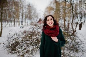 ragazza bruna in maglione verde e sciarpa rossa all'aperto il giorno d'inverno serale. foto