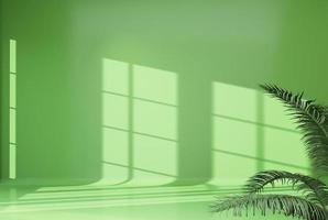 sfondo bianco astratto per la presentazione del prodotto stanza vuota con ombre di finestra e fiori e foglie di palma stanza 3d con spazio di copia concerto estivo sfondo sfocato. foto