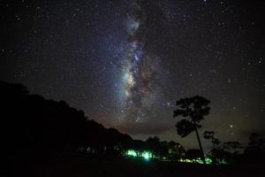 silhouette di albero e via lattea con nuvole al parco nazionale di phu hin rong kla, phitsanulok thailandia, fotografia a lunga esposizione foto