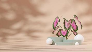 modello di rendering 3d podio verde vuoto per mockup in paesaggio con sfera bianca e caladium rosa foto