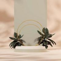 modello di mockup di rendering 3d podio verde bianco in piazza con calathea a strisce rosa e anello d'oro foto