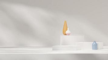 immagine di rendering 3d mockup di podio bianco nel paesaggio con vari vasi colorati e ombra solare foto