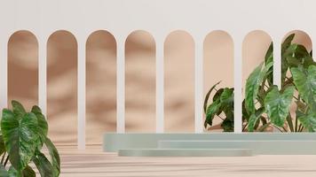 modello di rendering 3d scale del podio verde per mockup nel paesaggio con archi e piante di alocasia foto